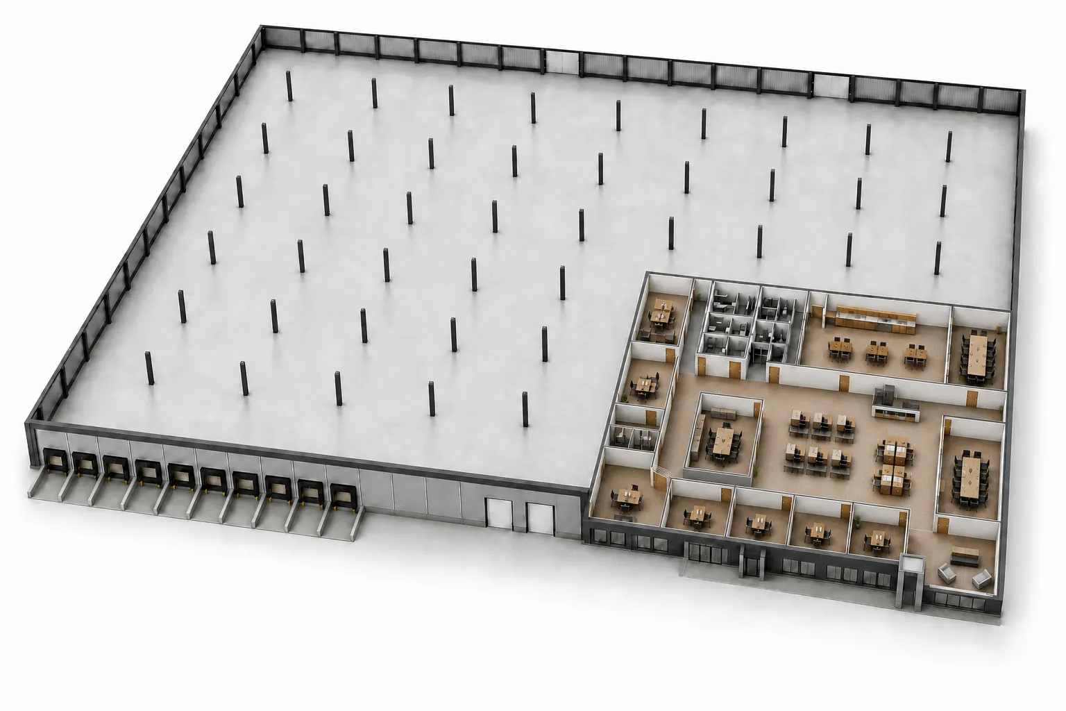 Isometric planning concept for a 100,000 square foot Butler building model