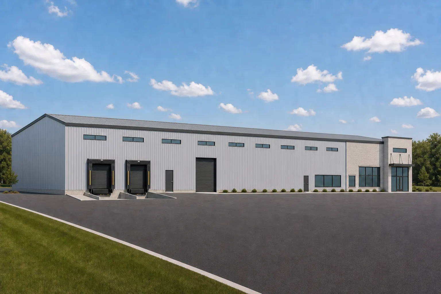 Exterior rendering of a 25,000 square foot Butler building model