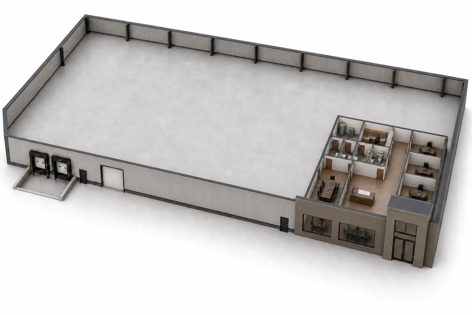 Isometric planning concept for a 25,000 square foot Butler building model