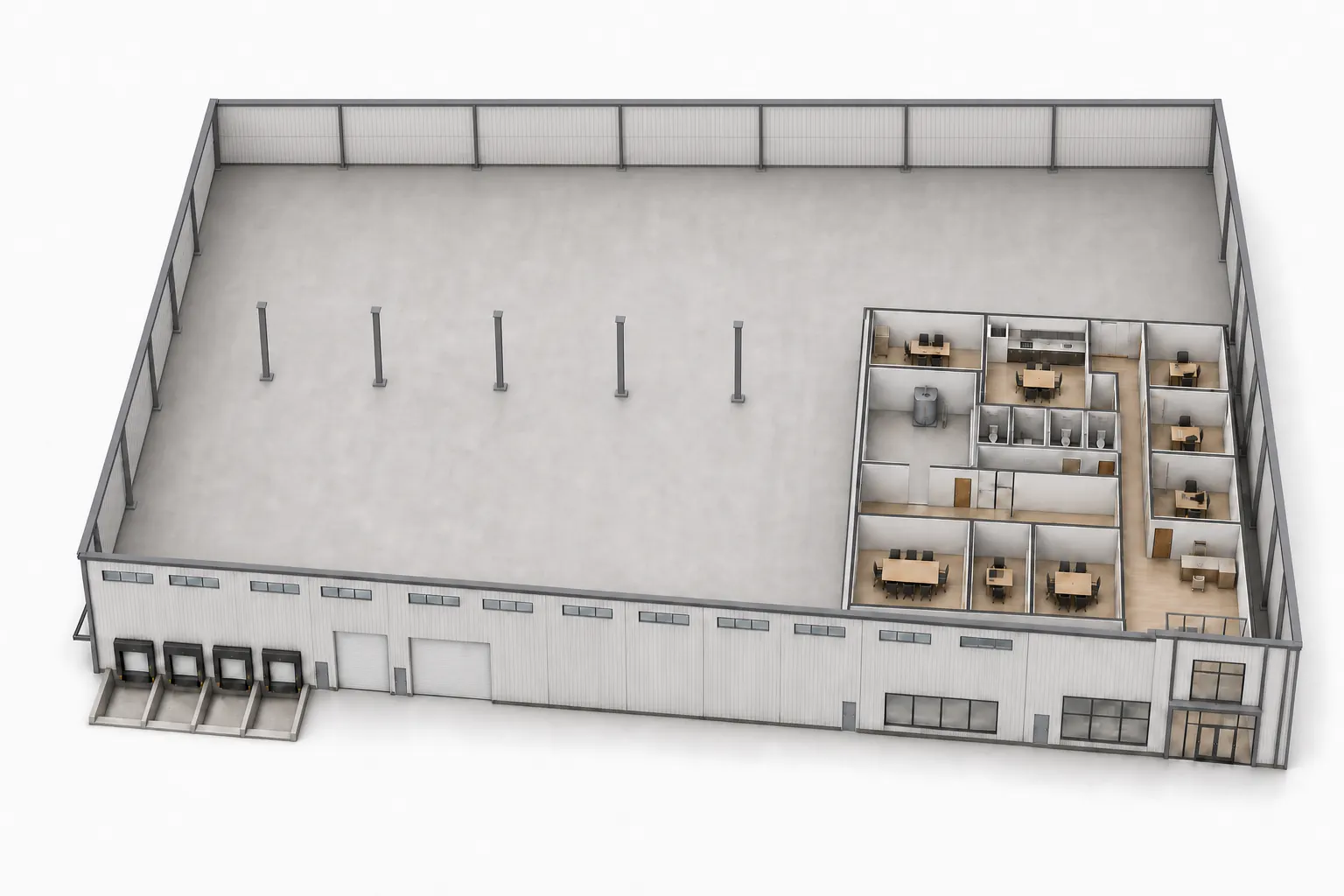 Isometric planning concept for a 50,000 square foot Butler building model