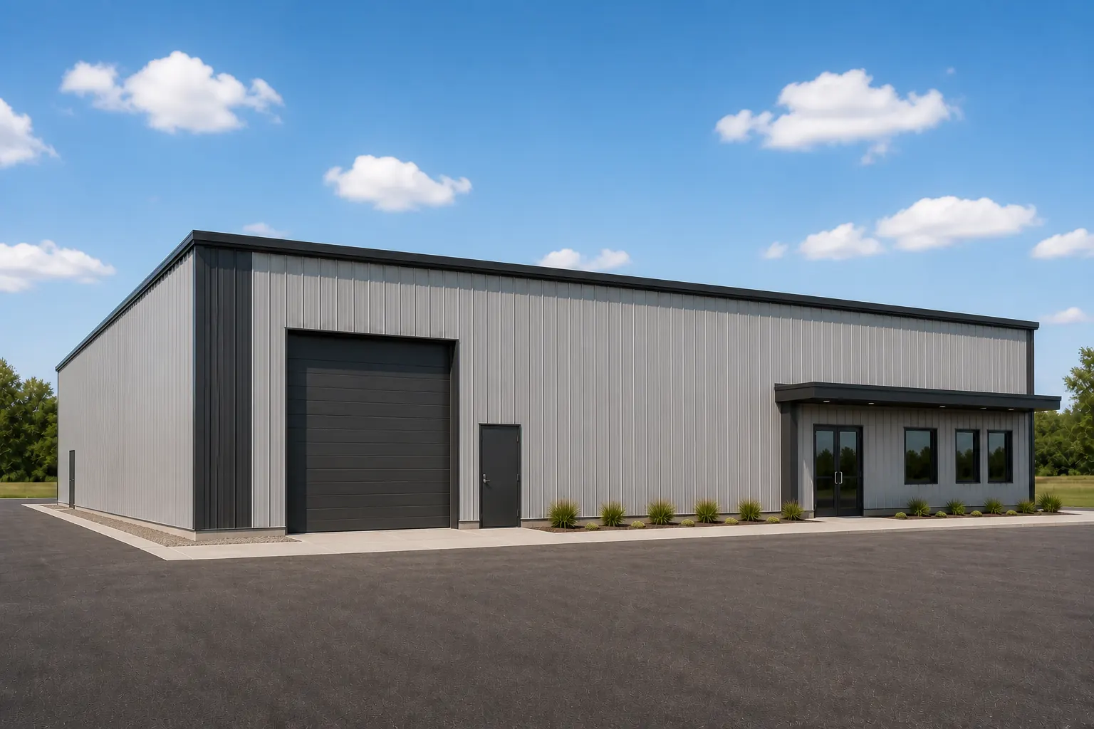 Exterior rendering of a 5,000 square foot Butler building model